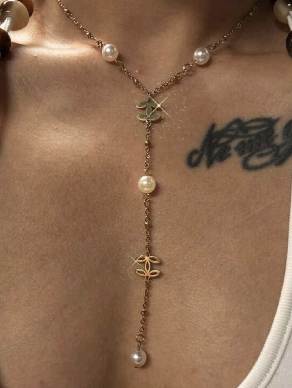 Designer Inspired Gold and Pearl Lariat Necklace